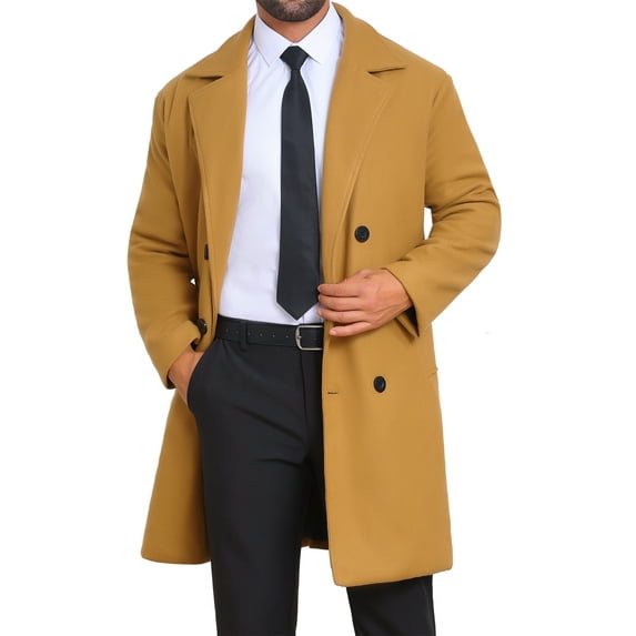 INSPIRE CHIC Winter Quilted Overcoat for Men's Double Breasted Coat Solid Color Business Long Trench Coat S Khaki