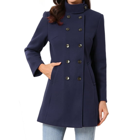 INSPIRE CHIC Winter Trench Coats for Women's Casual Stand Collar Pea Double Breasted Overcoat XL Dark Blue