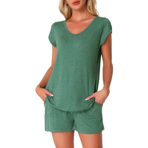 INSPIRE CHIC Women's 2 Piece Lounge Set Sweater Knit Short Sleeve Tee and Shorts Pajama Set XL Green