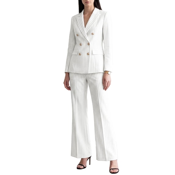 INSPIRE CHIC Women 2 Piece Pant Suits Set Long Sleeve Double Breasted Blazer Pants Large White