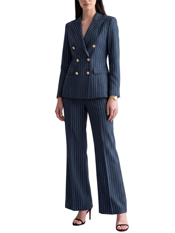 Women 2 Piece Pant Suits Set Long Sleeve Double Breasted Blazer Pants XL Navy Blue