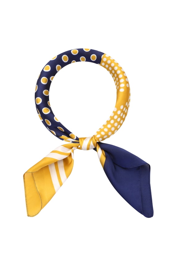 Women Contrast Color Polka Dots Printed Scarf, 27.6x27.6" Square Satin Symmetrical Neck Scarves Neckerchief 27.6x27.6"(LxW) Navy Blue Yellow