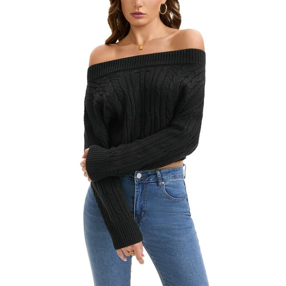 ATHLECHIC Women Cropped Sweaters Off Shoulder Batwing Sleeve Knit Pullover Sweater Tops S Black