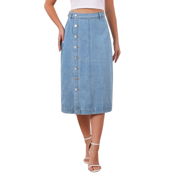 INSPIRE CHIC Women Denim Midi Skirt High Waisted Button Up Casual Slit Jean Skirts M Light Blue