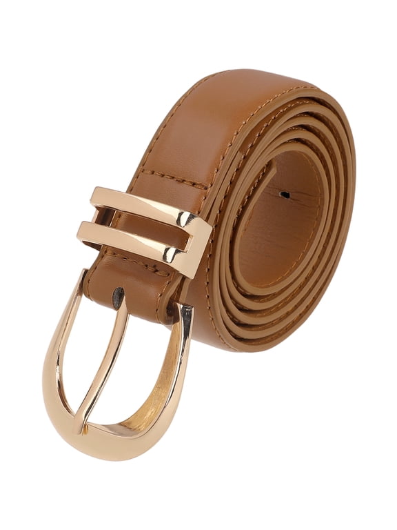 Women Gold Buckle Pure Belts, 1.1" Width Causal Simple Faux Leather Waistband for Men and Women 43.3x1.1"(LxW) Caramel