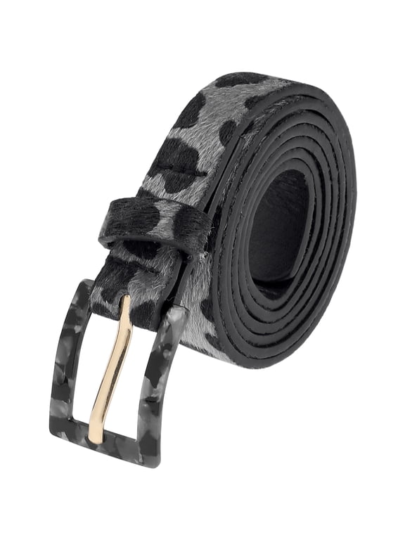 Women's Leopard Print Skinny Bel, Retro Faux Leather Waist Belt with Metal Buckle for Jeans & Dresses 44.1x0.7"(LxW) Black Grey
