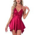 thumbnail image 1 of INSPIRE CHIC Women Lingerie Satin Sexy Babydoll Halter Open Back Asymmetrical Hem Teddy V Neck Sheer Built-in Bra Cami L Red, 1 of 6