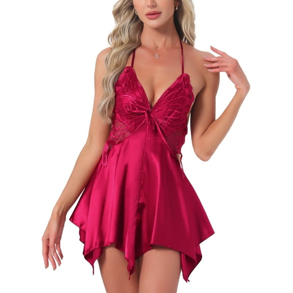 INSPIRE CHIC Women Lingerie Satin Sexy Babydoll Halter Open Back Asymmetrical Hem Teddy V Neck Sheer Built-in Bra Cami L Red