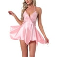 thumbnail image 1 of INSPIRE CHIC Women Lingerie Satin Sexy Babydoll Halter Open Back Asymmetrical Hem Teddy V Neck Sheer Built-in Bra Cami M Pink, 1 of 6