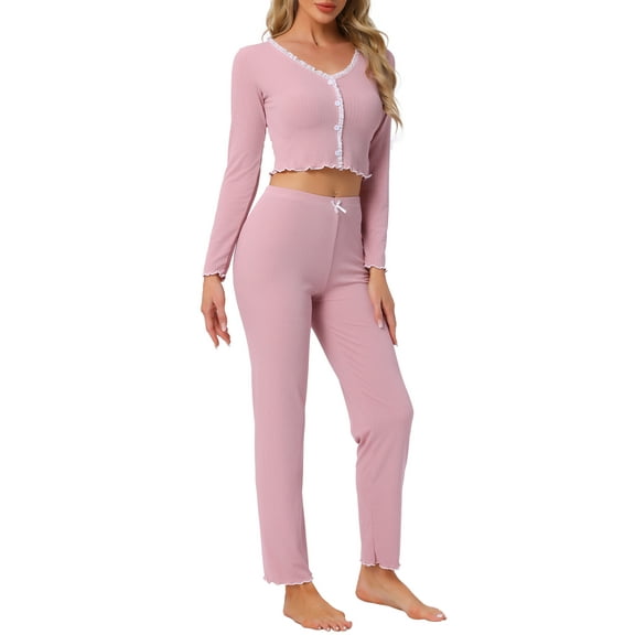 INSPIRE CHIC Women's Lounge Set Long Sleeve Top and Full Length Pants Pjs Soild Pajama Set L Pink