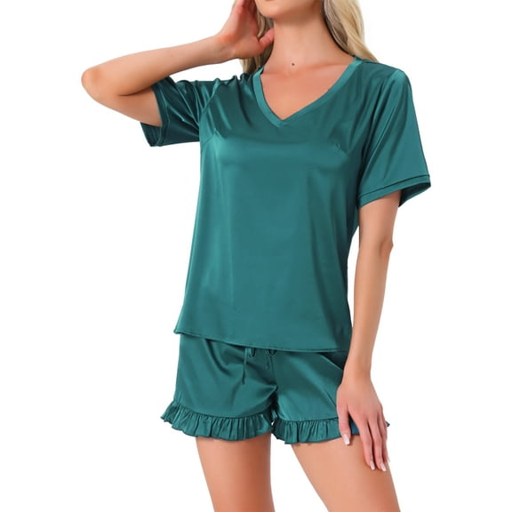 INSPIRE CHIC Women's Satin Pajama Set Short Sleeve Shirts with Ruffle Shorts Loungewear XL Green