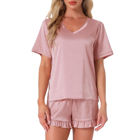 INSPIRE CHIC Women's Satin Pajama Set Short Sleeve Shirts with Ruffle Shorts Loungewear XS Pink