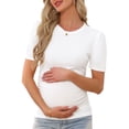 thumbnail image 1 of INSPIRE CHIC Women's Maternity Blouse Ribbed Knit Puff Short SleeveTop Ruched T-Shirt Shower Photoshoot S White, 1 of 6
