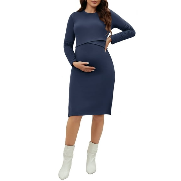 INSPIRE CHIC Womens Maternity Dress Long Sleeve Soft Round Neck Bodycon Midi Pregnancy Dress XL Blue