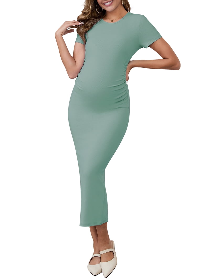 Inspire Chic Women's Maternity Dress Rib Bodycon Midi Short Sleeve Side Stretchy Ruched Pregnancy 1 Piece Photoshoot Babyshower S Green, Size: Small