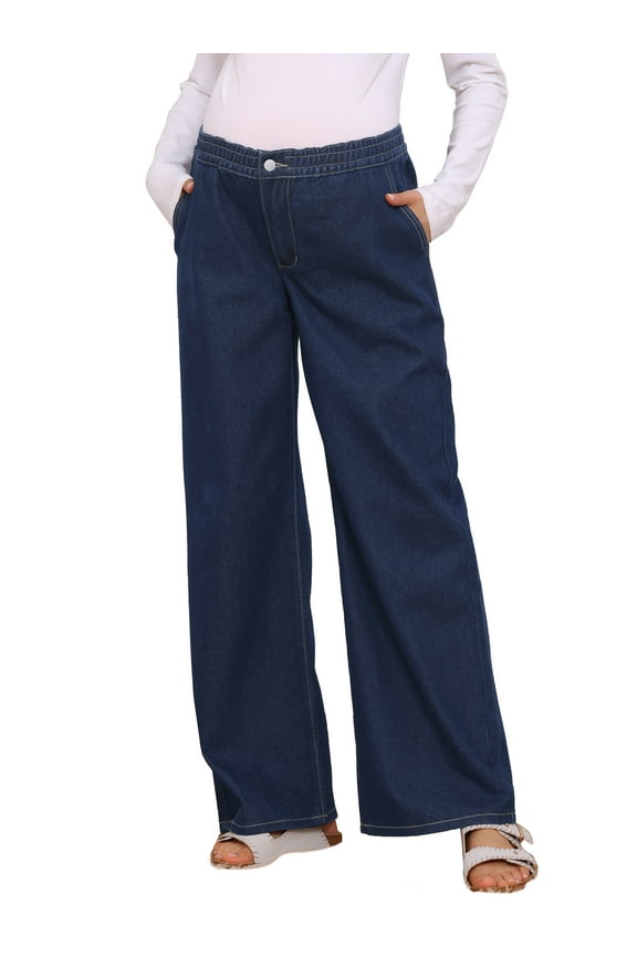 Women Maternity Jeans Elastic Waist Wide Leg Long Loose Pregnancy Denim Pants Trousers with Pockets M Deep Blue