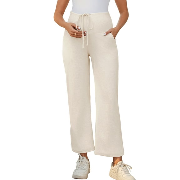 INSPIRE CHIC Women Maternity Lounge Pants Over Belly Wide Leg Casual High Waisted Lounge Pants With Pockets Beige XX-Large