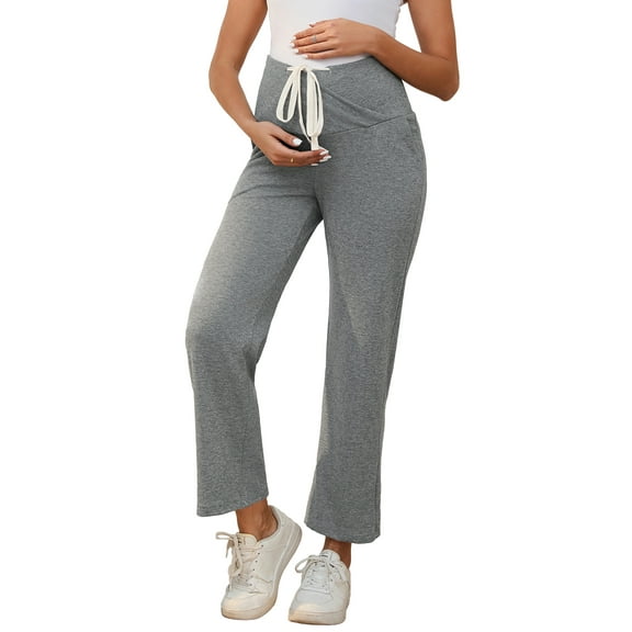 INSPIRE CHIC Women Maternity Lounge Pants Over Belly Wide Leg Casual High Waisted Lounge Pants With Pockets Light Grey Medium