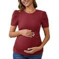 thumbnail image 1 of INSPIRE CHIC Women's Mother's Day Maternity Blouse Ribbed Knit Puff Short SleeveTop Ruched T-Shirt Shower Photoshoot Large Brown, 1 of 6