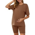 thumbnail image 1 of INSPIRE CHIC Women's Sports Pajamas Maternity Sets Tie Dye/Solid Short Sleeves T-Shirt and Shorts Set Loungewear 2 Piece Outfits Brown XX-Large, 1 of 6