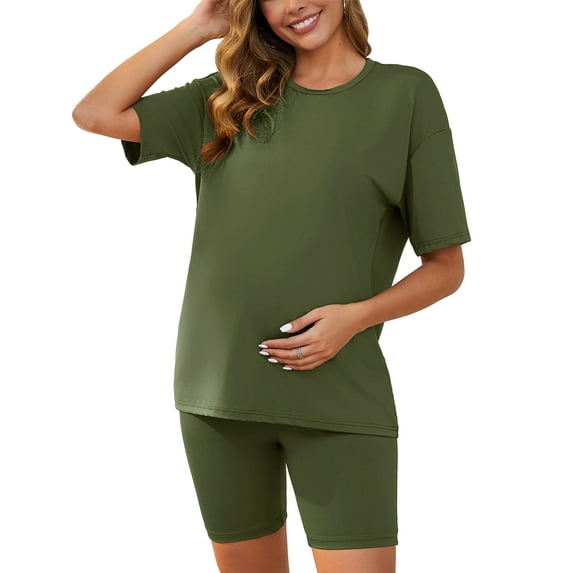 INSPIRE CHIC Women Maternity Sets Tie Dye 2 Piece Pajamas Outfits Short Sleeve T-shirt and Shorts Set Maternity Loungewear Green Medium