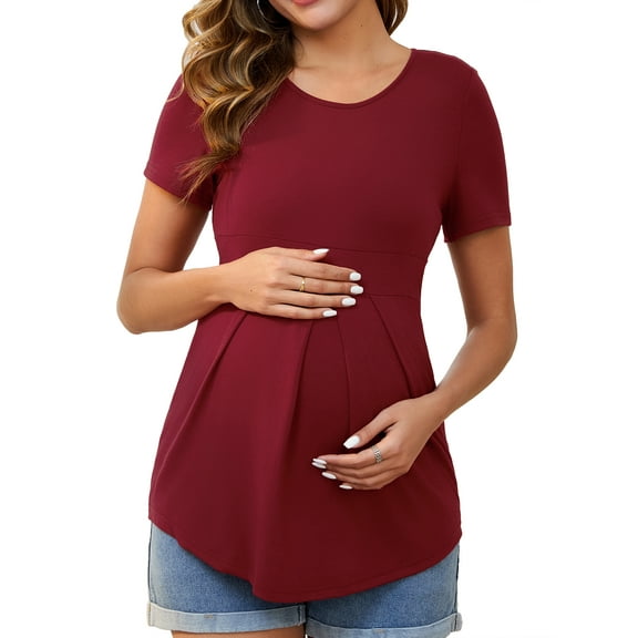 INSPIRE CHIC Women Maternity Top Short Sleeve Crewneck Wrinkle Design Blouse Waist Tiered Maternity T-Shirt Red Medium