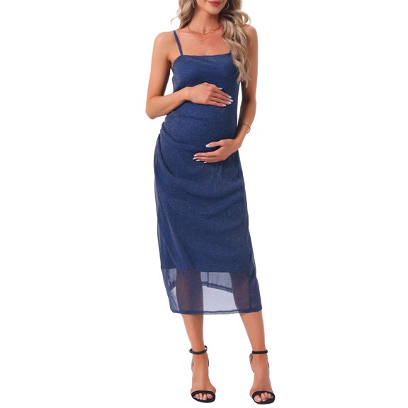 INSPIRE CHIC Women Mesh Maternity Dress Ruched Side Bodycon Spaghetti Strap Long Cami Pregnancy Dresses Wedding Cocktail Party 2025 Glitter Blue XL