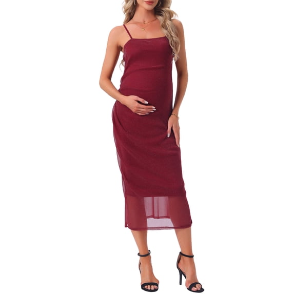 INSPIRE CHIC Women Mesh Maternity Dress Ruched Side Bodycon Spaghetti Strap Long Cami Pregnancy Dresses Wedding Cocktail Party 2025 Glitter Red L