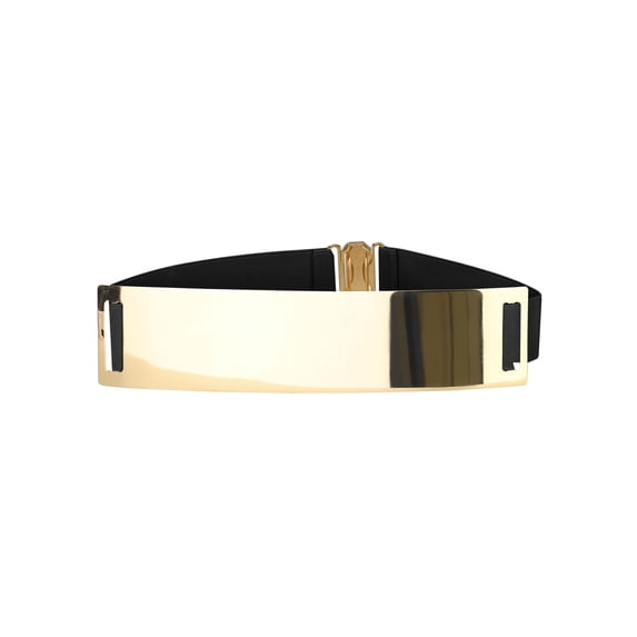 INSPIRE CHIC Women Metal Shiny Polished Gold Mirror Stretch Waist Dress Belts Black Metal width:6cm/2.36"(L)