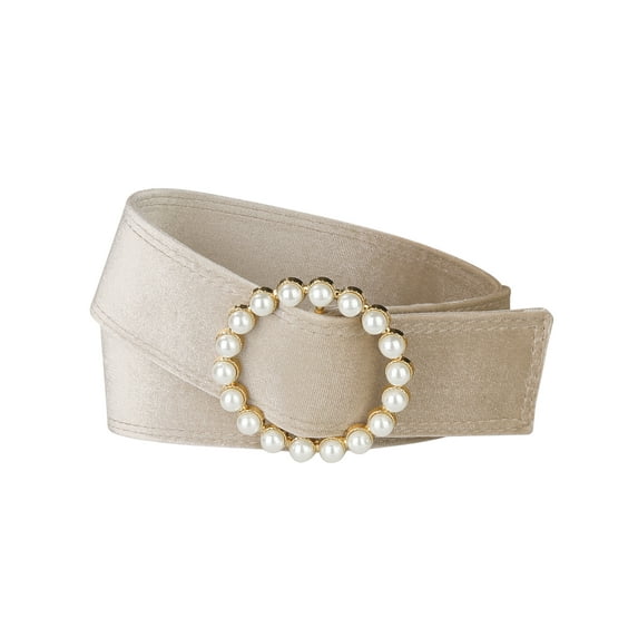 INSPIRE CHIC Women Plus Size Faux Pearl Buckle Waist Belt, Vintage Velvet Wide Cinch Belts Waistband for Dress 30.31-37.01" Beige