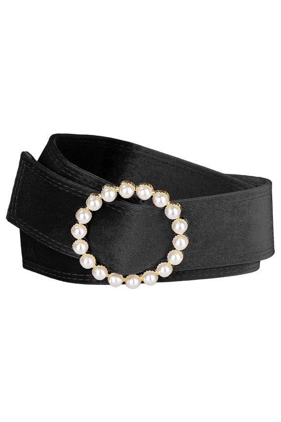 Women Plus Size Faux Pearl Buckle Waist Belt, Vintage Velvet Wide Cinch Belts Waistband for Dress 30.31-37.01" Black