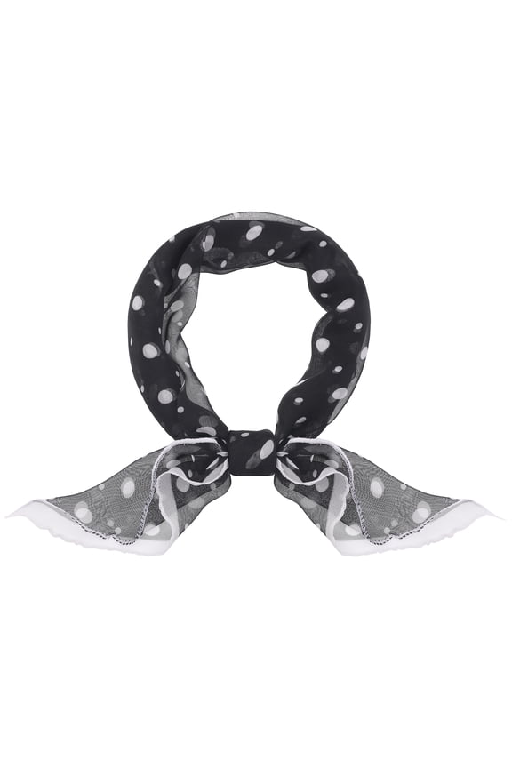 Women Polka Dots Chiffon Small Square Scarf, 1950s Retro Lightweight Soft Mesh Sheer Ruffle Scarves Neckerchief 23.6x23.6" Black