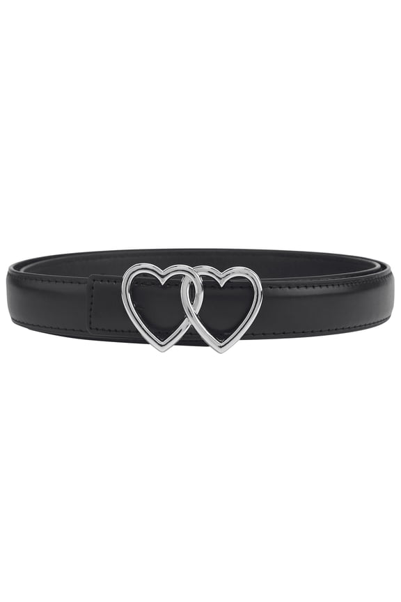 Women Reversible Faux Leather Belts, 0.9" Width Belt with Metal Double Hearts Ring Buckle Waistband for Dress 43.3x0.9"(LxW) Black