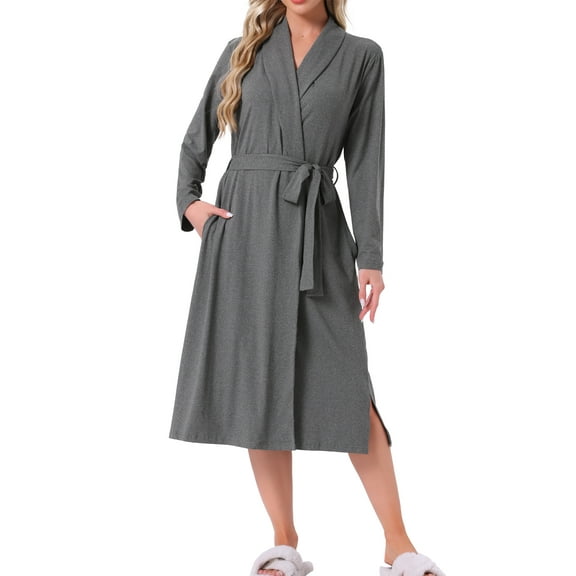 INSPIRE CHIC Women Robe Long Sleeve V-neck Bathrobe Knit Kimono Long Loungewear Lightweight Sleepwear with Side Pockets S Dark Gray