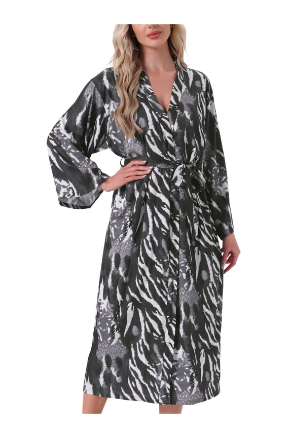 Women's Satin Leopard Long Robe Silky Long Sleeves Cover Up Loose Bridal Party Bathrobes with Belt One Size Black Leopard