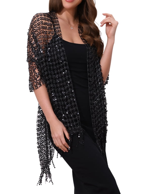 Women's Halloween Sequin Shawls and Wraps for Evening Dresses Fringed Sparkly Dressy Scarf for Wedding Party Black 66.9"x19.7"