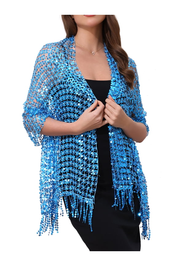 Women Sequin Shawls and Wraps for Evening Dresses, Fringed Sparkly Dressy Scarf for Wedding Party Blue 66.9"x19.7"