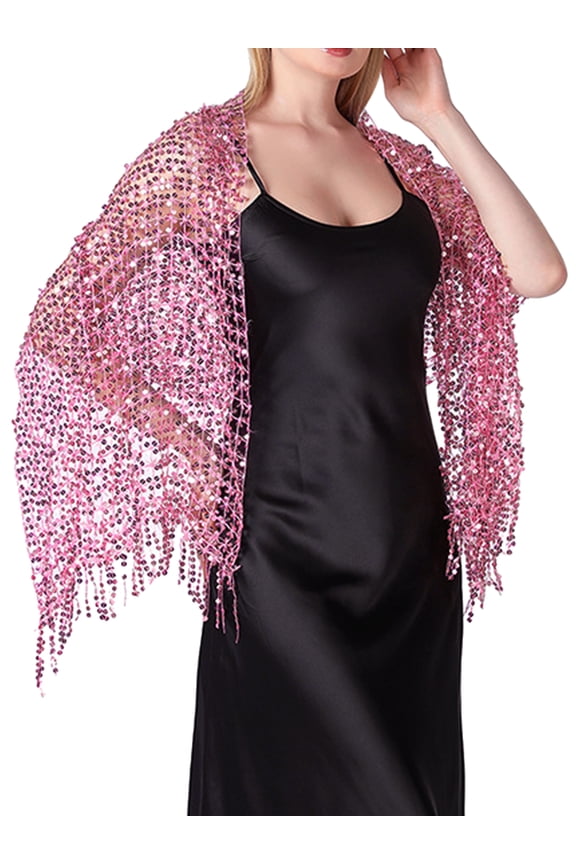 Women Sequin Shawls and Wraps for Evening Dresses, Fringed Sparkly Dressy Scarf for Wedding Party Pink 66.9"x19.7"