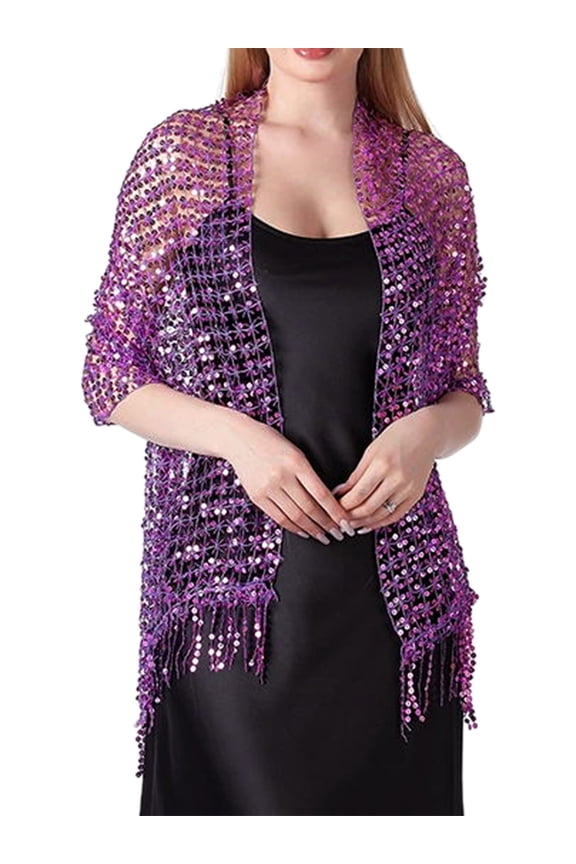 Women Sequin Shawls and Wraps for Evening Dresses, Fringed Sparkly Dressy Scarf for Wedding Party Purple 66.9"x19.7"