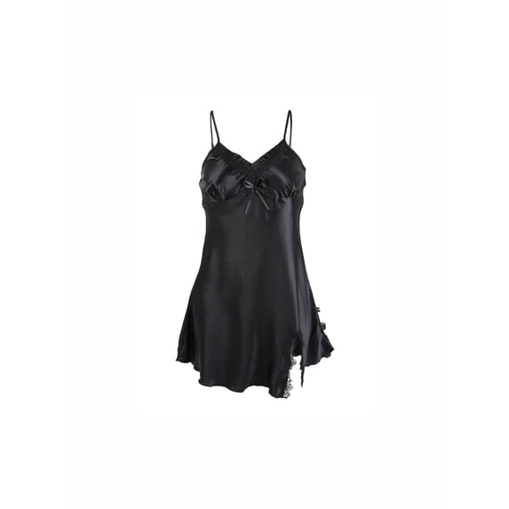 INSPIRE CHIC Women Satin V Neck Floral Lace Trim Sleepwear Nightgown Pajama Slip Dress Black-floral L