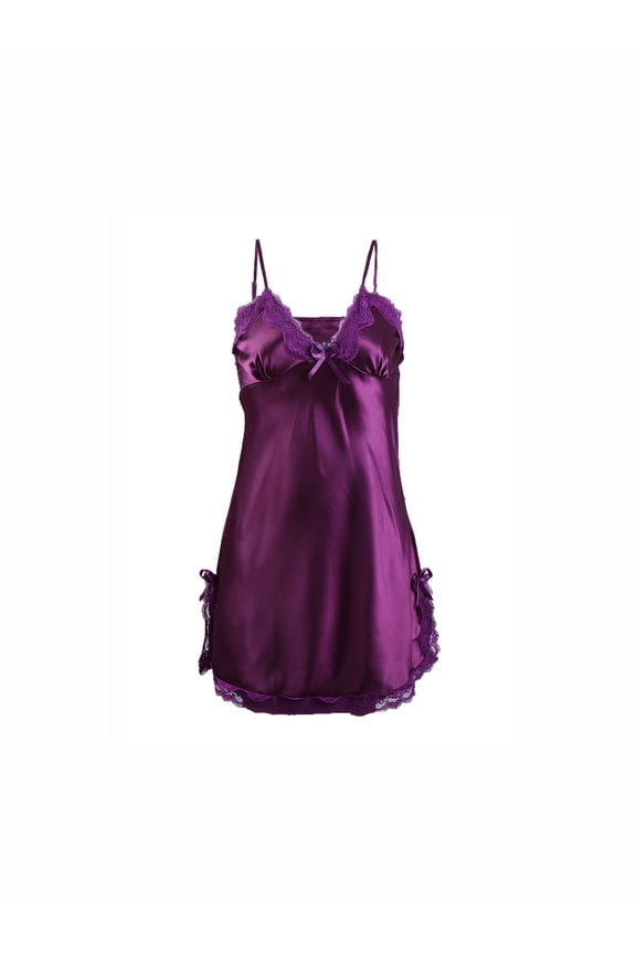 Women Satin Lace Trim Sleepwear Nightgown Pajama Slip Dress Purple-lace L