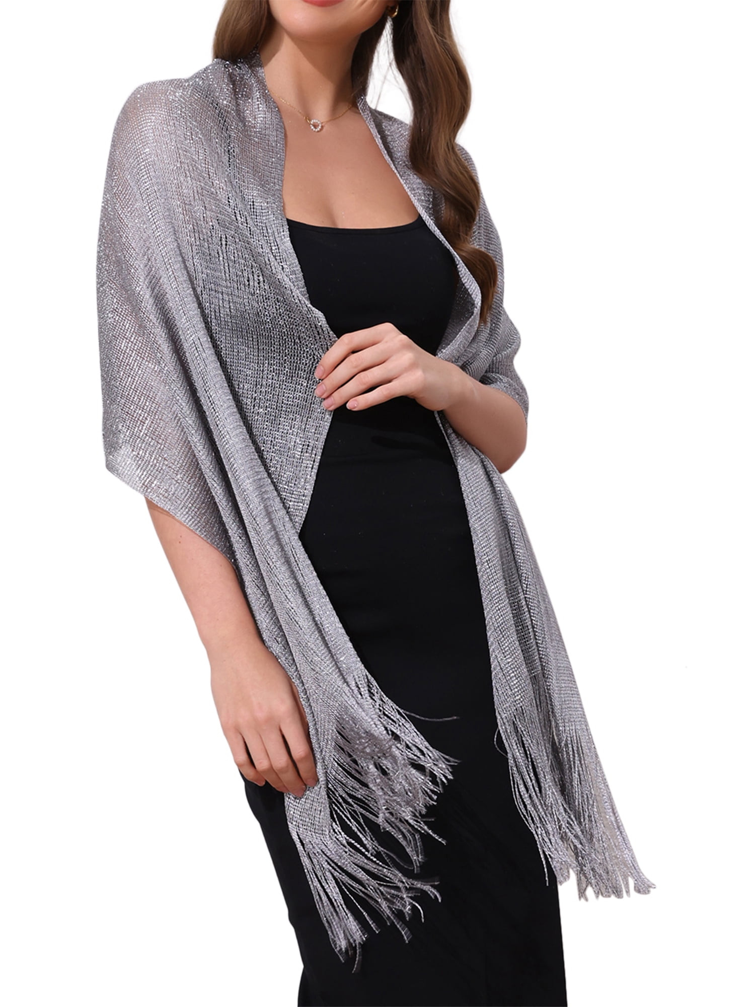 silver shawls for evening dresses Inspire Chic Women Shawls and Wraps for Evening Dresses, Bling Sparkly Shiny Shimmer Dressy for Wedding Party Dark Gray(Silver) 74.8 inchx17.7 inch(