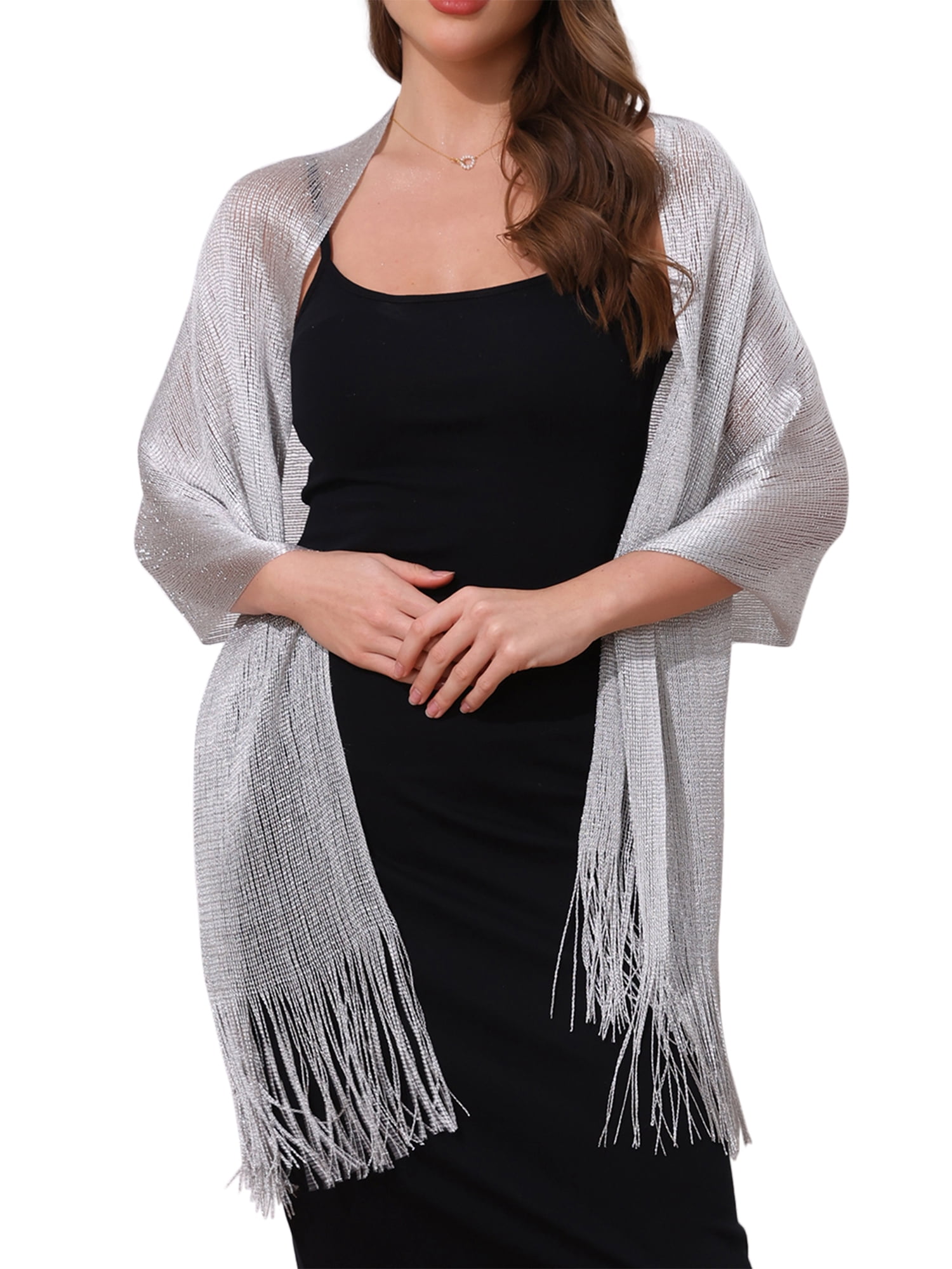 Inspire Chic Women Shawls and Wraps for Evening Dresses, Bling Sparkly Shiny Shimmer Dressy for Wedding Party Silver(Silver) 74.8"x17.7"(LxW)