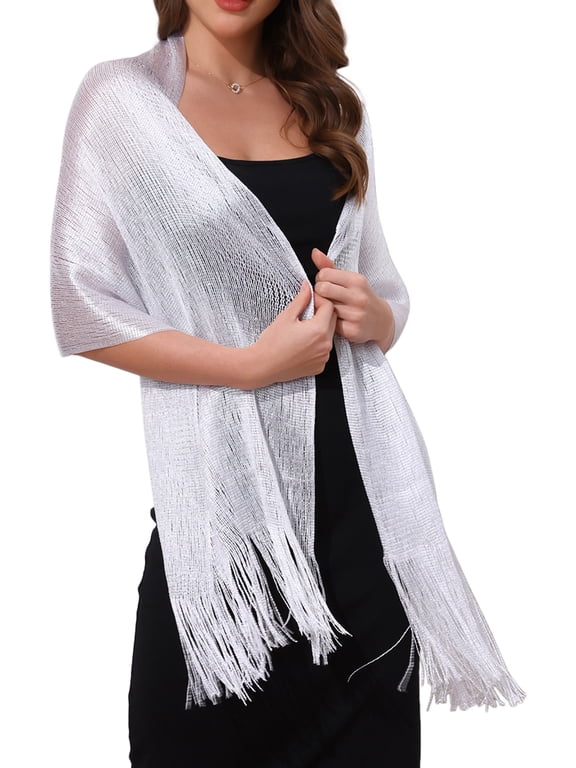 Women's Halloween Shawls and Wraps for Evening Dresses Bling Sparkly Shiny Shimmer Dressy for Wedding Party White(Silver) 74.8"x17.7"(LxW)