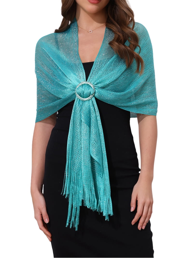 Inspire Chic Mother's Day Women Shawls and Wraps for Evening Dresses, Bling Sparkly Shiny Shimmer Dressy with Buckle 74.8x17.7 inch(LxW) Aquamarine