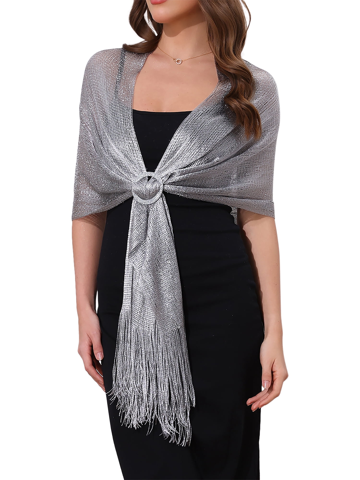 silver shawl for evening dress Inspire Chic Women Shawls and Wraps for Evening Dresses Bling Sparkly Shiny Shimmer Dressy for Wedding Party Black(Silver) 74.8 inchx17.7 inch(LxW),