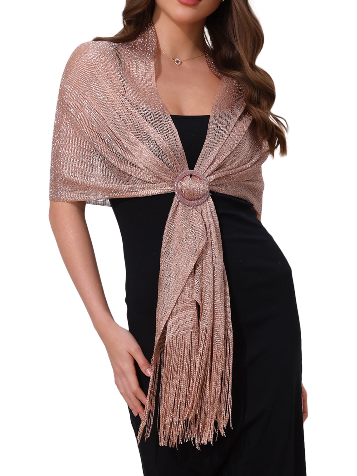 rose gold shawls and wraps for evening dresses Inspire Chic Women's Back to School Shimmer Metallic Shawl Wrap with Buckle Elegant Fringe Stole Wedding & Party 74.8x17.7 inch(LxW) ruffle dress