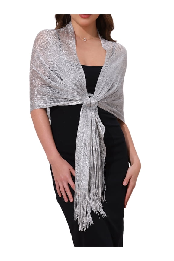 Women's Shimmer Metallic Shawl Wrap with Buckle Elegant Fringe Evening Stole for Wedding & Party 74.8x17.7"(LxW) Silver(Silver)