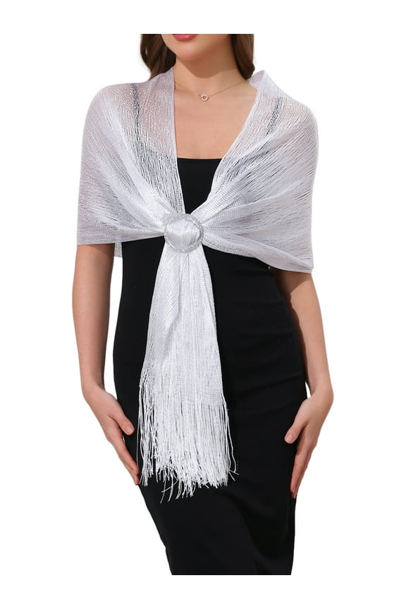 Women Shawls and Wraps for Evening Dresses, Bling Sparkly Shiny Shimmer Dressy with Buckle 74.8x17.7"(LxW) White(Silver)