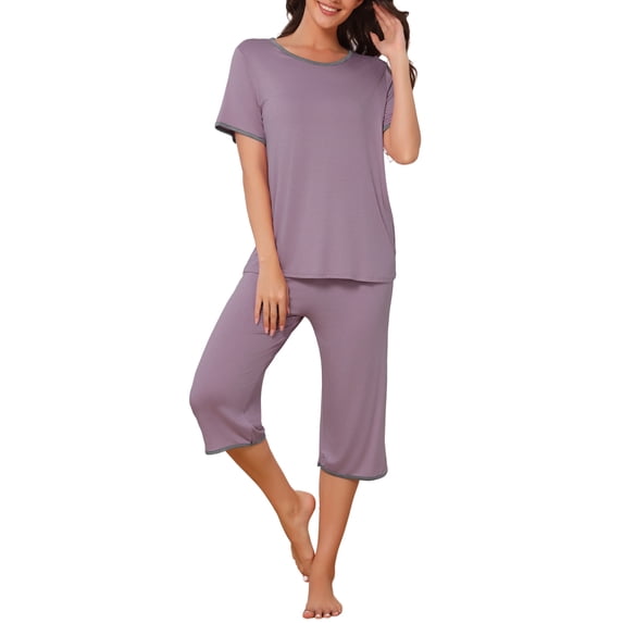 INSPIRE CHIC Women's Halloween Short Sleeve Pajama Set Soft Modal Capri Lounge Pants 2-Piece Sleepwear M Purple